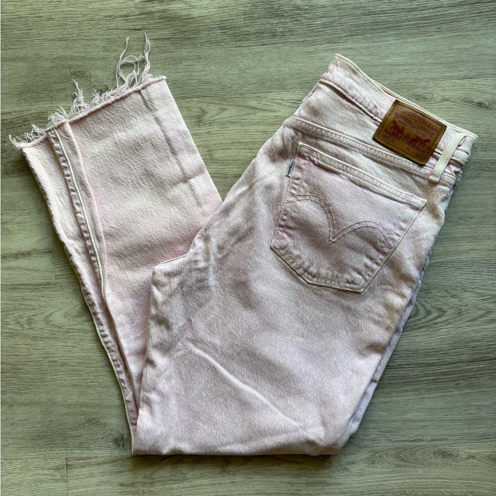 Levi’s 501 Light Pink Denim Acid Wash Straight Leg Raw Hem High Waist Jeans 31